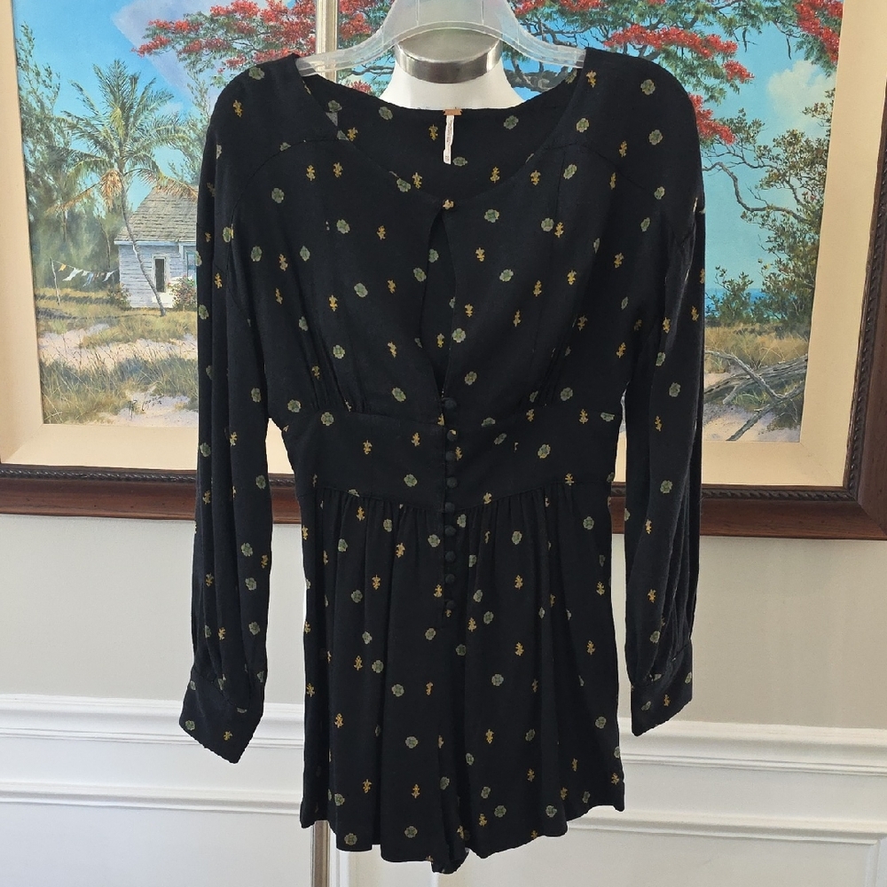 Free People Black Blouse with Green and Gold Floral Dots